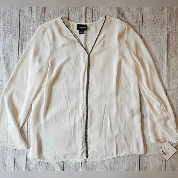 Liz Claiborne Career •Size Small• Semi Sheer White V-neck Blouse w/ Bling Accent - Picture 8 of 11